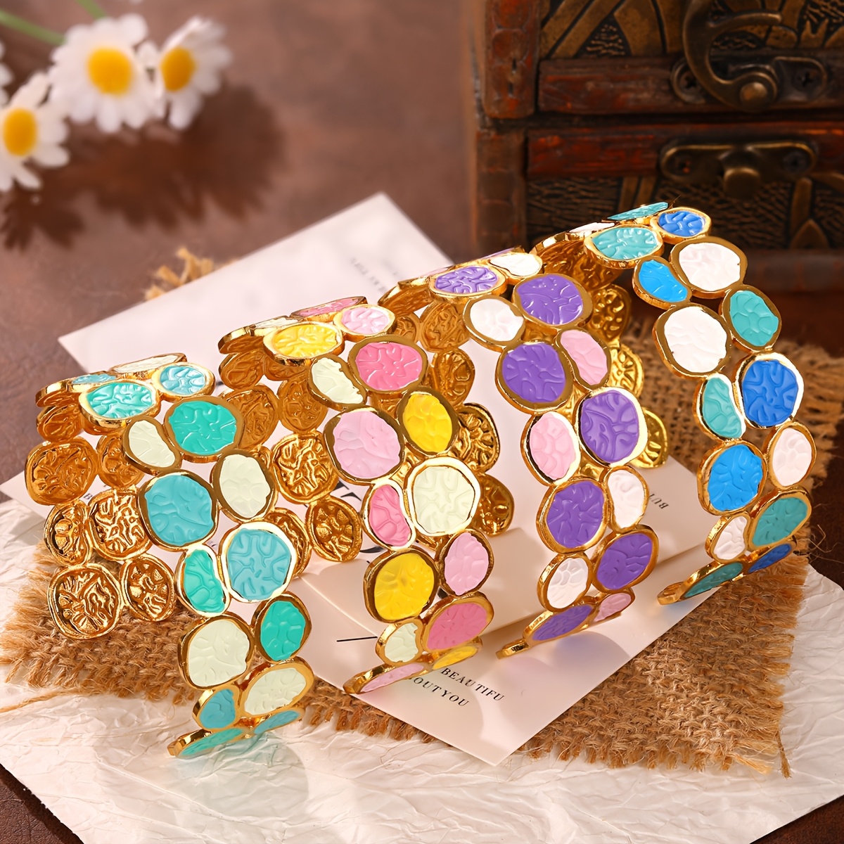 Women's Irregular Round Disc Color Block Enamel Open Cuff Bangle